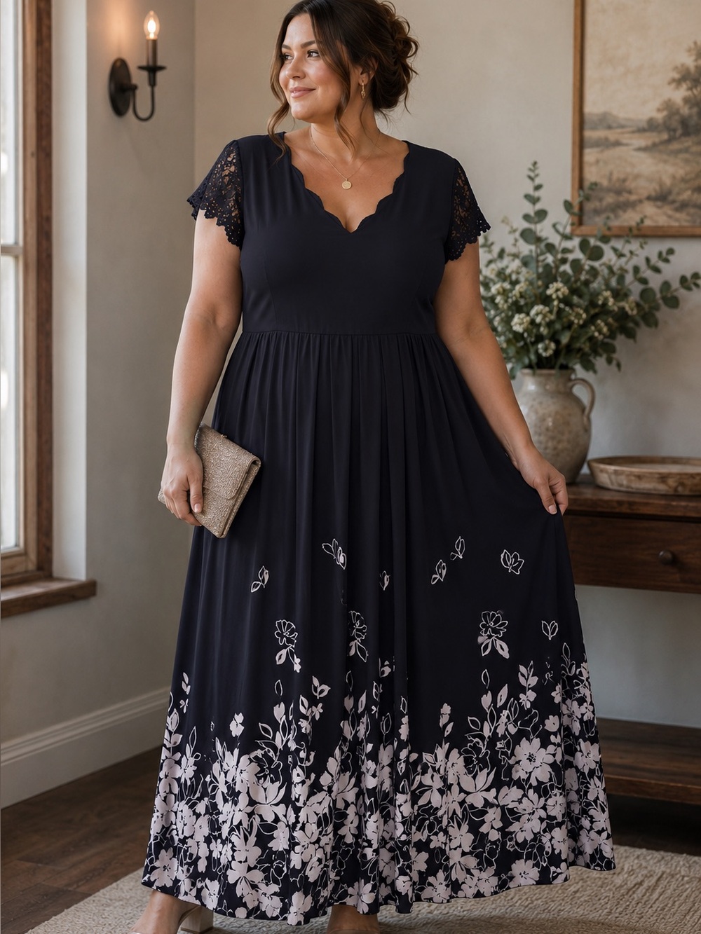 119.) Black Floral Hem Midi Dress with Lace Sleeves